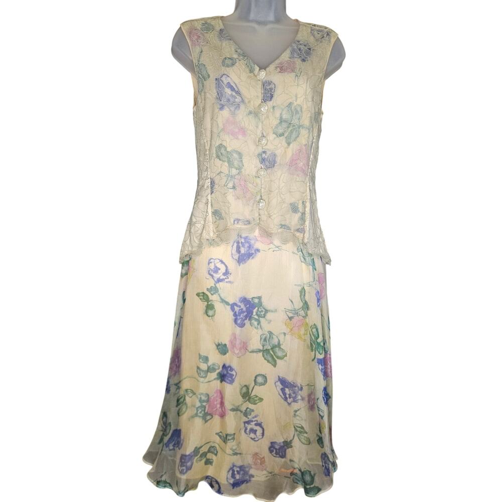 Holly Harp Pale Yellow Floral Two Piece Dress Sz S Vintage Pastel Silk Chiffon - Picture 3 of 11